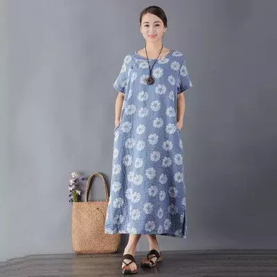 Женское Двухслойное Хлопковое трикотажное платье с хризантемами