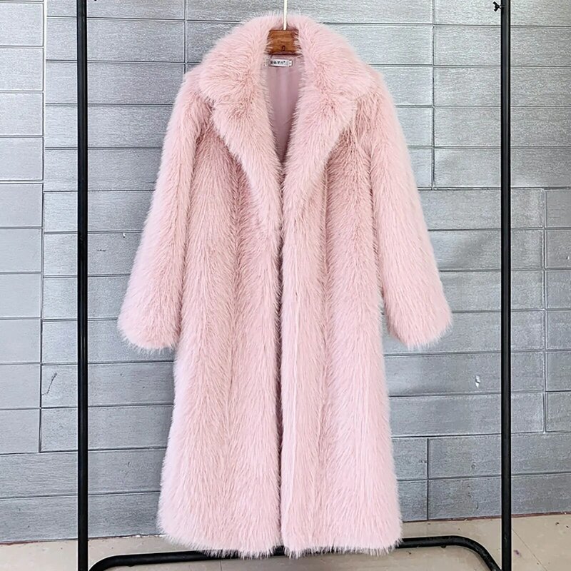 Abrigo largo de lana Artificial para mujer, chaqueta cálida de manga larga de imitación, ropa de abrigo con cremallera completa peluda, forro polar