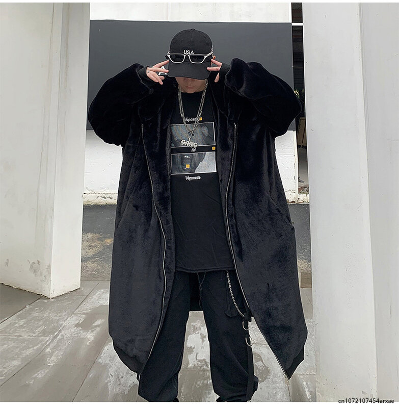 Мужская длинная куртка на молнии, черная теплая Толстая мягкая пушистая куртка из искусственного меха с капюшоном, Повседневная Свободная куртка большого размера в Корейском стиле, зима 2023