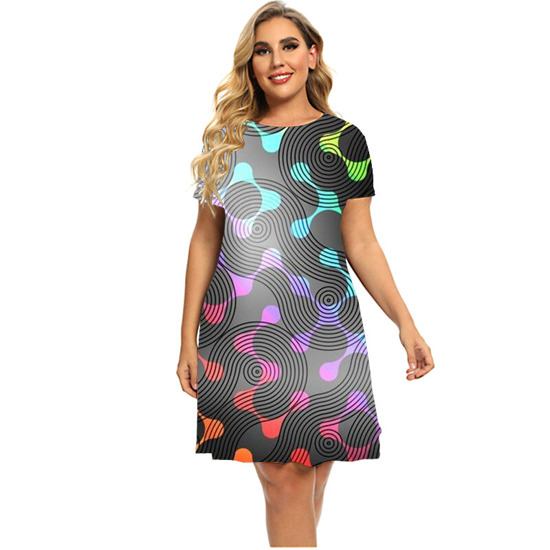 Elegante Regenbogen Gradienten 3D Druck Kleid Neue Frauen 2023 Mode Geometrie Graph Kurzarm Kleid Sommer Plus Größe Kleidung 6XL