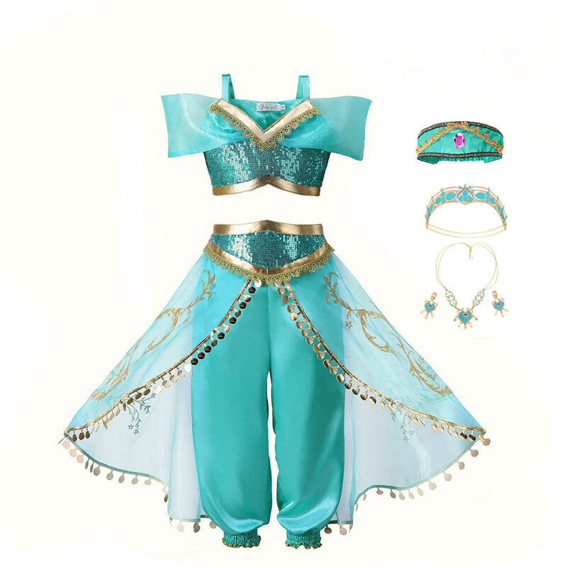 Jasmine kostum untuk anak perempuan Aladdin putri lampu ajaib Set Top celana pakaian karnaval Vestidos pesta ulang tahun kostum Cosplay 12T