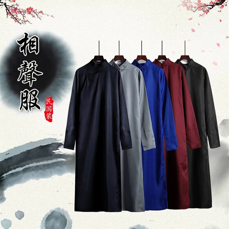 Republic of China Robe Vest Men's Long Shirt Chinese Groomsman Suit Cross Talk Unlined Long Gown Costume