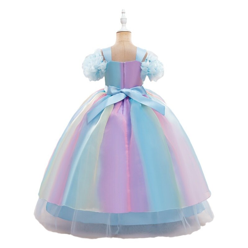 Новинка Платье для девочек с открытыми плечами цветное градиентное милое Радужное снежное платье принцессы