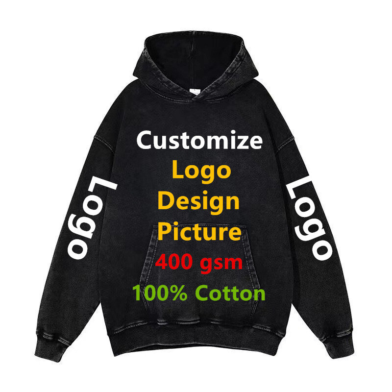 Sudadera con capucha y Logo personalizado para hombre y mujer, ropa de calle de gran tamaño, desgastado, 400 algodón, Y2K, gsm, 100%