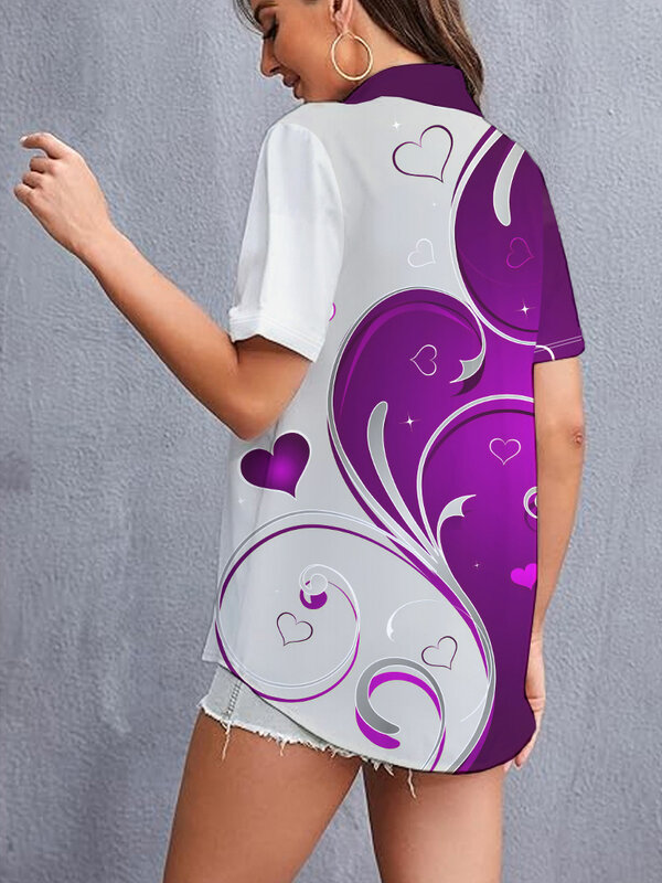 Summer simple women's lapel short-sleeved shirt purple flower 3D digital printing shirt personalized temperament women's top