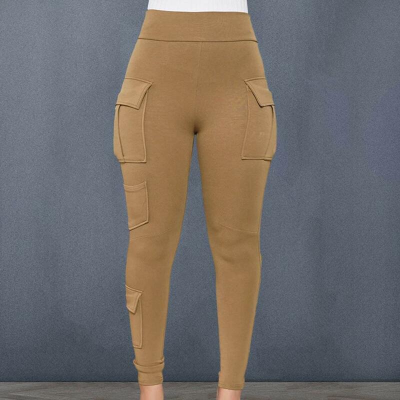 Calça de cintura elástica alta monocromática feminina, calça esportiva, tecido elástico macio, bolsos múltiplos, quatro