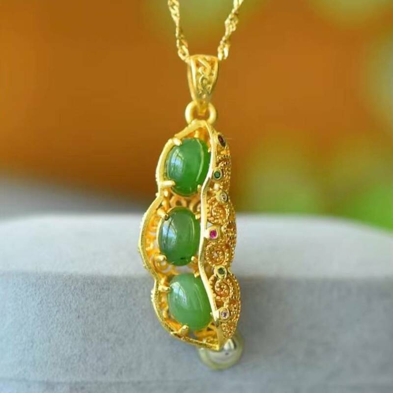 Liontin wanita bertatahkan tembaga giok Hetian alami Jasper Fu mode kacang indah hadiah perhiasan kalung perhiasan Bijoux Femmes