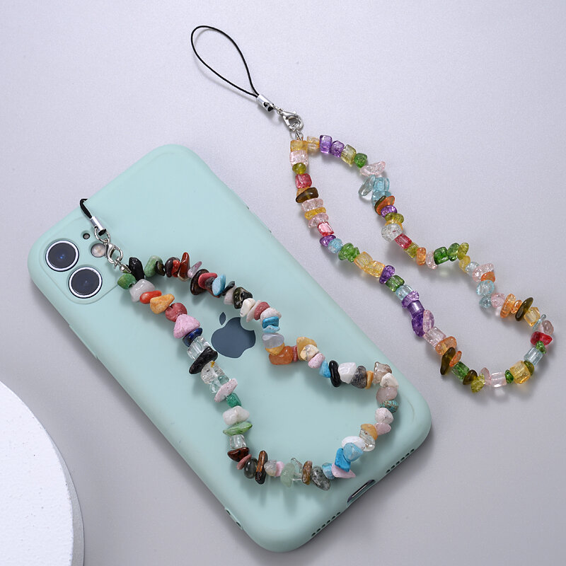 Moda criativa colorido cascalho telefone móvel corrente feminina metal celular cinta cordão pendurado anti-perdido frisado jóias presente
