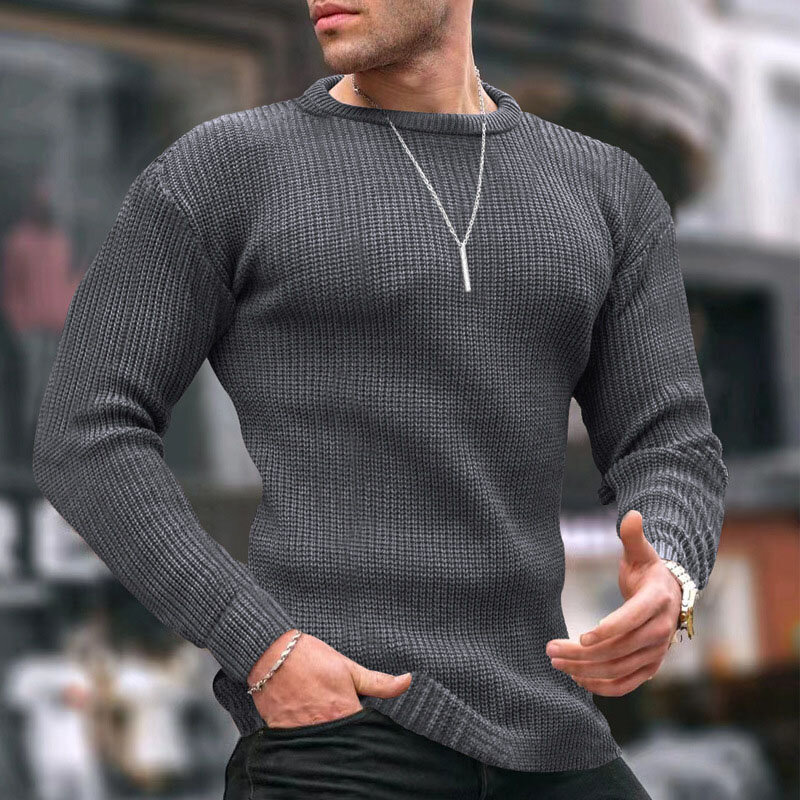 Suéter monocromático de manga longa masculino, blusa de malha fina, jumper casual fino, tops básicos de malha, o pescoço, lazer, outono, inverno