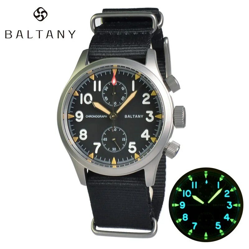 Baltany Retro Quartz Chronograph Watch Stainless Steel Case Tecido Strap 100M Dive Multifunction Relógios Militares Para Homens 2023 N