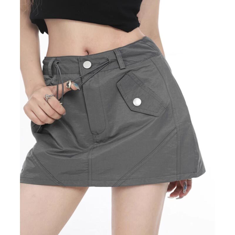Damskie spódnice ze sznurkiem 2024 Summer Hot Girl Cargo Short Skirt Vintage Y2k Streetwear Koreańska moda Odzież Szary Czarny
