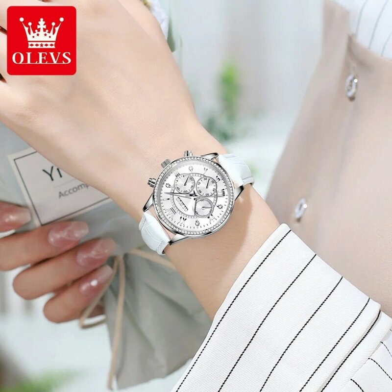 OLEVS-Relógio Quartzo Diamante Impermeável Feminino, Pulseira De Couro, Moda Luminosa, Relógios Cronógrafo, Marca De Luxo