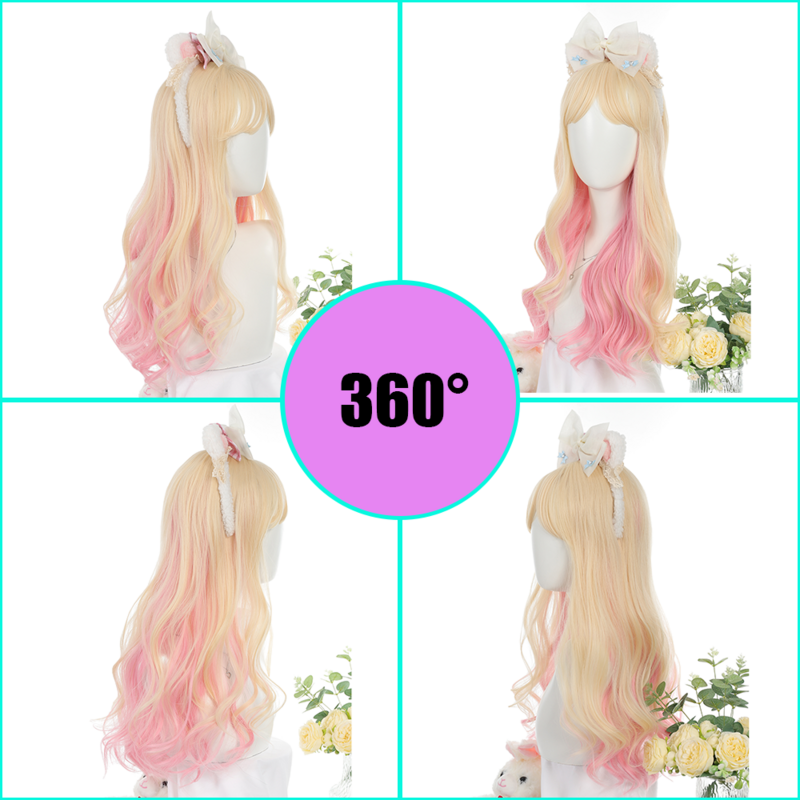 XG Lolita COS parrucca per le donne con orecchio-appeso tinto grande ondulato lungo capelli ricci biondo chiaro evidenziato parrucca a testa piena rosa