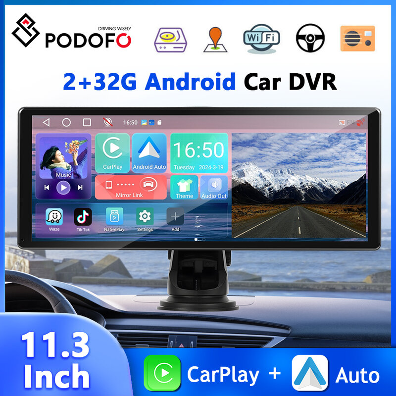 Podofo 11.3'' Smart Screen Player 8Core 2+32G Car Monitor Dash Cam Dashboard Carplay Android Auto GPS Navigation WIFI Bluetooth