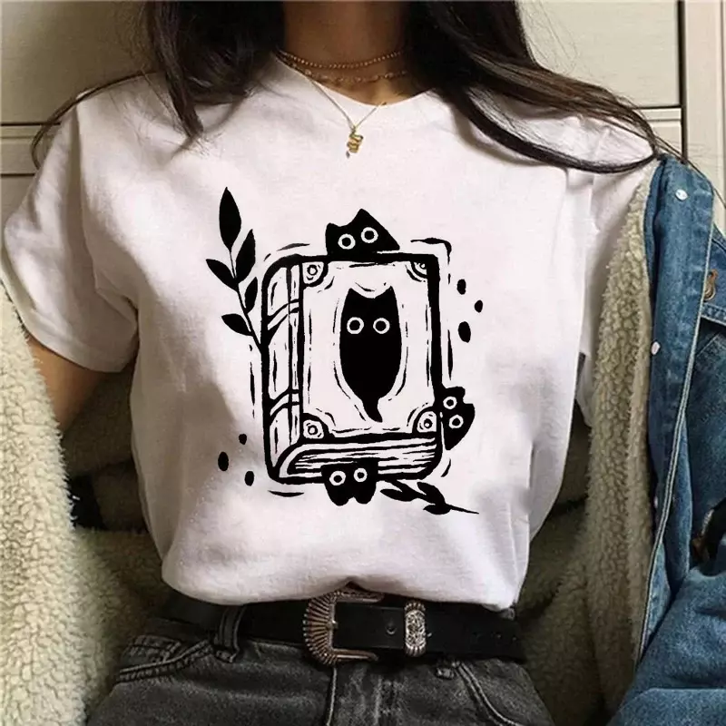 Cat Print Neck T-shirts Women Summer Tshirt Lady Oversize Clothes for Funny Print Tshirt Loose Short Sleeve Graphic T-Shirt Y2k