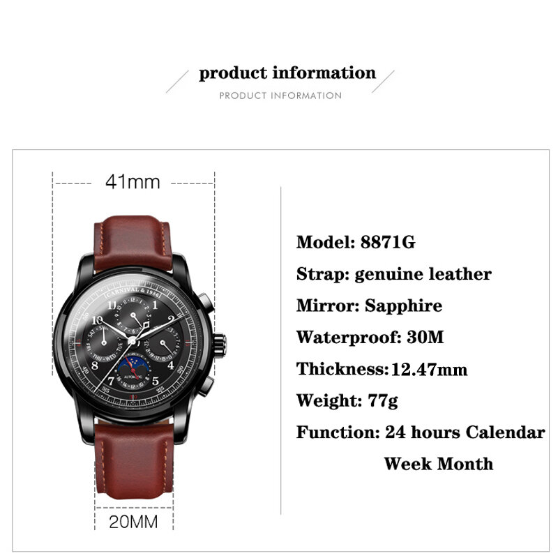 CARNIVAL Fashion Casual 2023 New Men Watch Automatic Mechanical Watch Four Eyes Dial Design Luxury Watch Waterproof Reloj Hombre