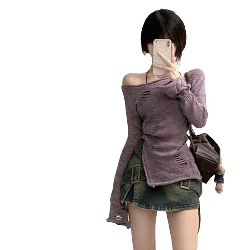 Slash Neck Hollow Out Knitted Slim Sweaters Women Sweet Y2k Aesthetic Jumpers Japanese Elegant Casual Split Pullovers Trendy