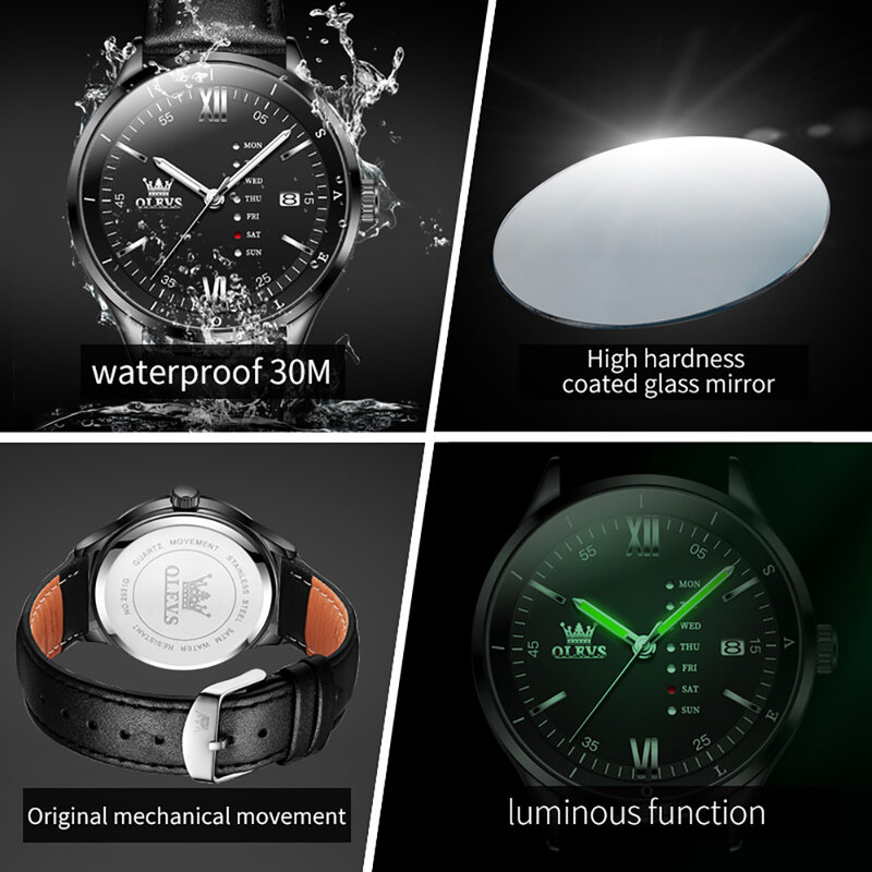OLEVS-Marca de Luxo Masculina Relógio Quartz, Couro, Impermeável, Calendário, Moda, Design de Semana, Homens De Negócios Relógios
