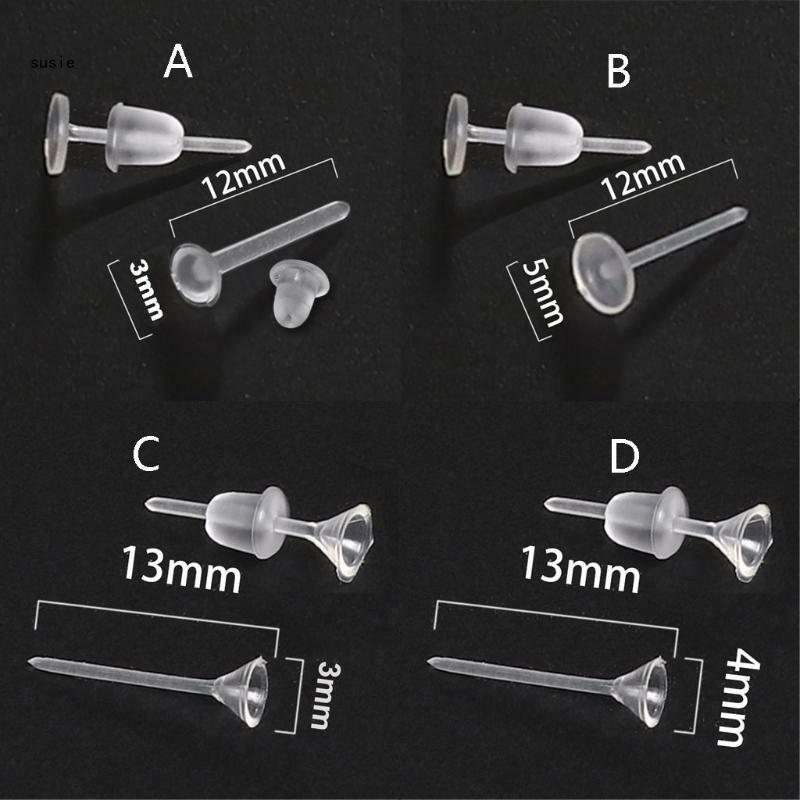 X7YA Set da 100 orecchini ipoallergenici Semplici aghi per orecchie in plastica trasparente e chiusure per orecchini