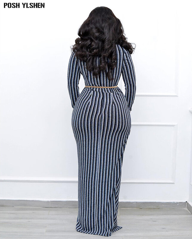 Filigree Stripe African Dresses for Women 2024 New Elegant Long Bodycon Dress Sexy V-neck High Slit Robe Femme African Clothes