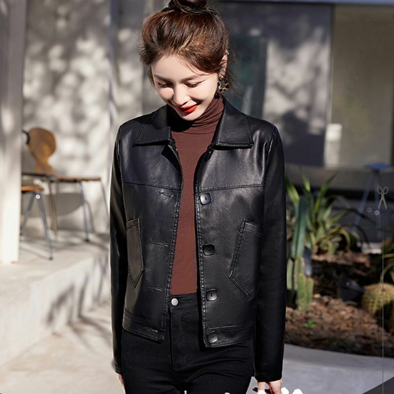 2024 Spring Women Short Faux Leather Jacket Single-breasted Black Moto Biker Windproof Leather Coat Turndown Collar Outwear Q324