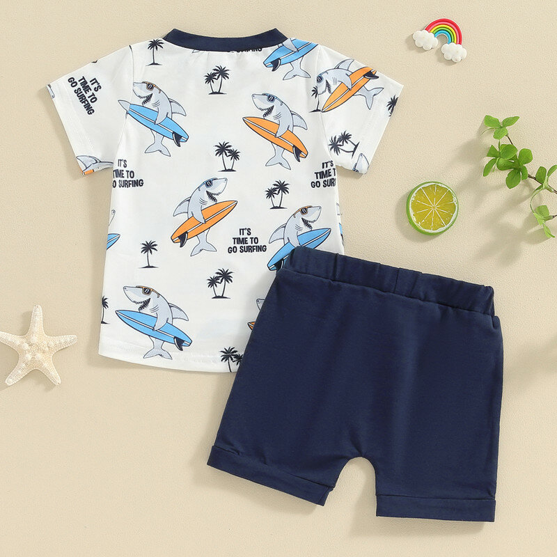 Conjuntos de shorts infantis infantis, roupas estilo praia, estampa de tubarão, camisetas de manga curta, tops e shorts, roupas de bebê, verão