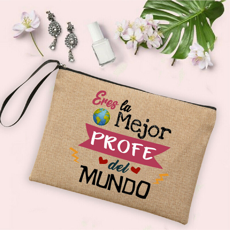 Bolsa de maquiagem espanhola para professor, bolsa de linho, Travel Wash Higiene Pessoal Organizador, Sacos de lápis escolar, Presentes para a vida
