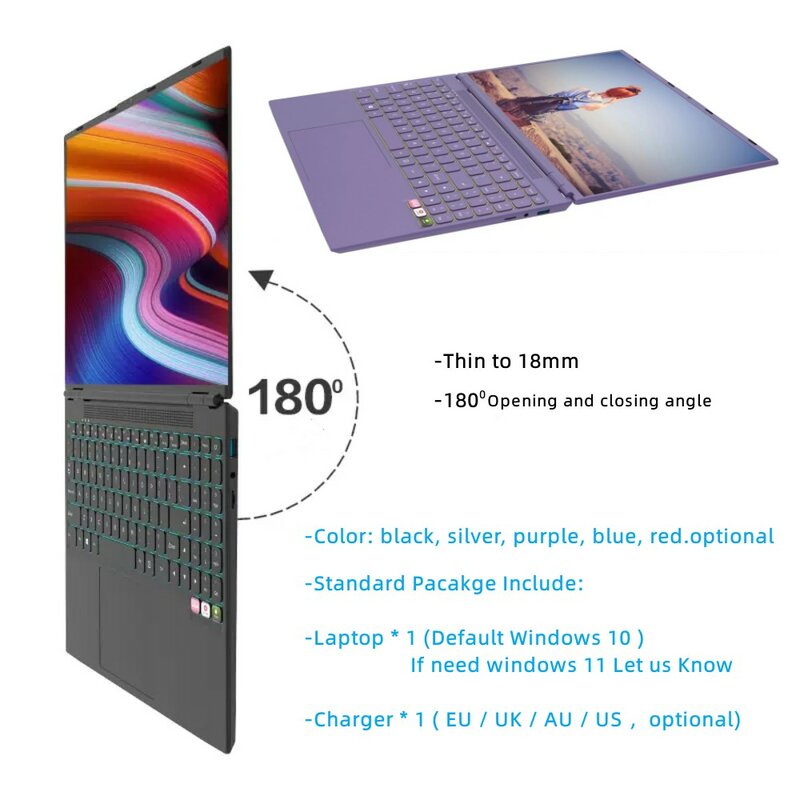 Purple Cheap Laptop Windows 10 11 Office Education Gaming Notebook 16.0“ 12th Intel N95 16G RAM 512G SSD Touch ID Narrow Side