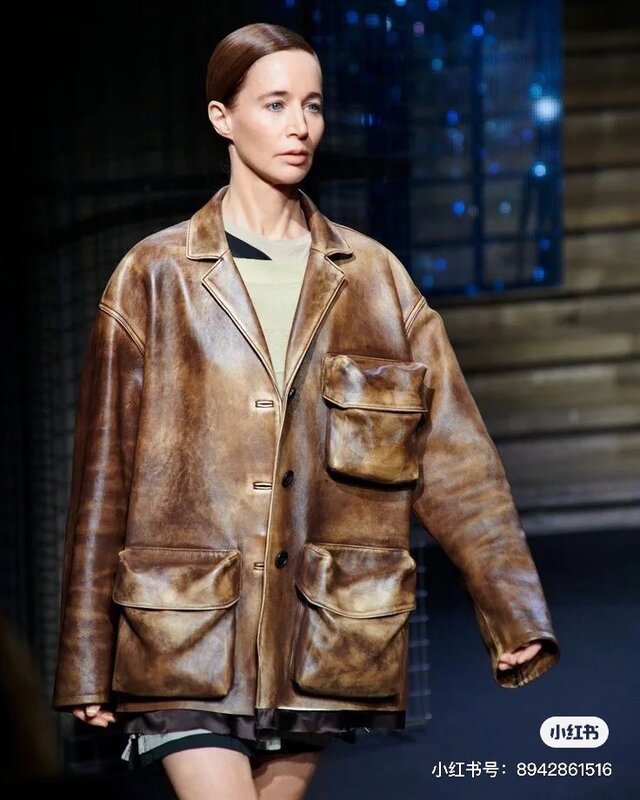 Setelan jaket wanita kulit sapi 100%, siluet mantel buatan tangan murni mewarnai vintage tua
