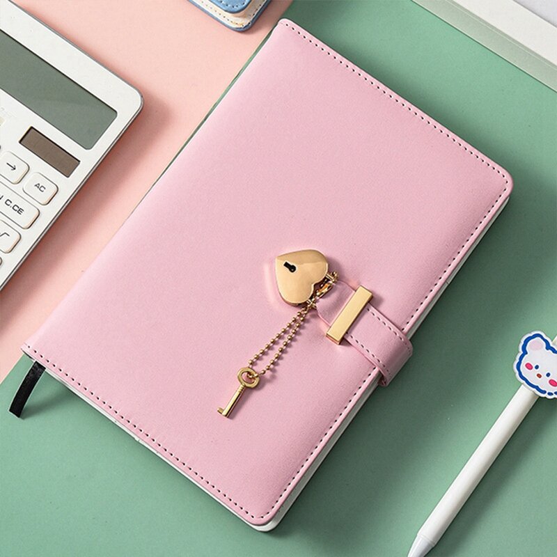 Notepad Thickened Heart-Shaped Lock Cute Girl Love Lock Diary Girl Birthday Gift (Pink,1 Set)