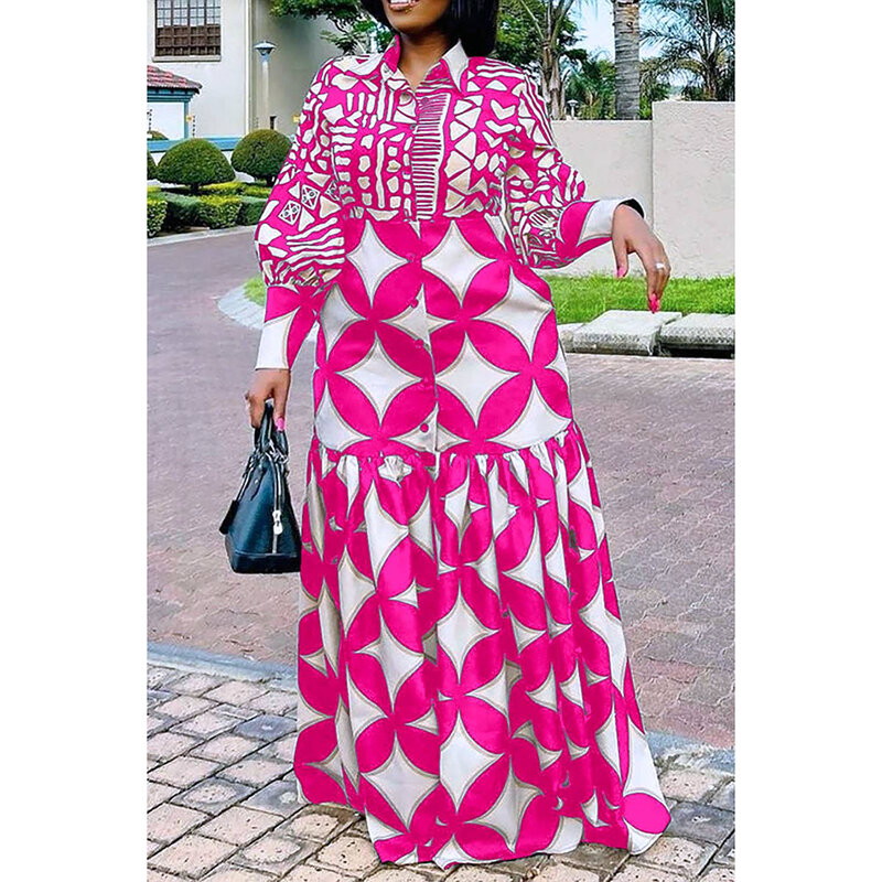 Plus Size Casual Dress Pink Pattern Print Slit Puffy Sleeves Maxi Dress