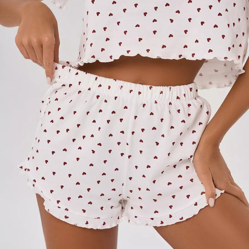 Heart Printing Shorts Pajama Suits Women Homewear 2024 Tees And Wide Legs Shorts Lace Sets Summer Sleepwear Female O-Neck