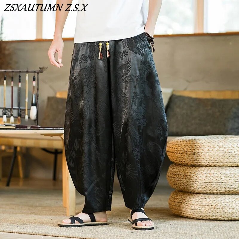 Czarne chińskie spodnie męskie wzór smoka Retro haremowe Vintage spodnie dresowe męskie Hip-hop Street Beat Harajuku casualowe spodnie