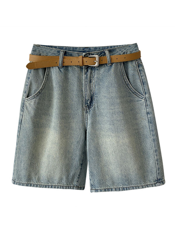 [LANMREM] pantaloncini di jeans dritti a vita alta lavati per le donne pantaloni a gamba larga Streetwear abbigliamento marea 2024 estate nuovo 26 d9141