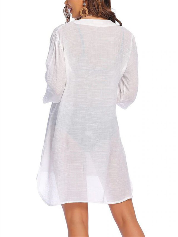 Camisa de praia feminina com proteção solar, cardigã de emenda de botões, mini vestidos, biquíni feminino para encobrimento casual de praia, verão