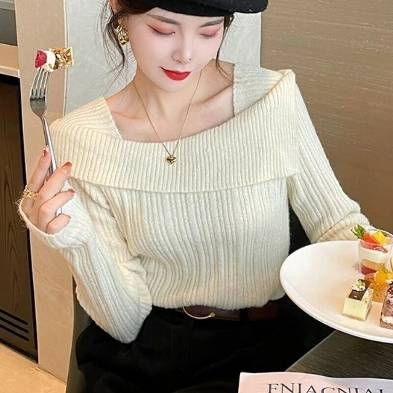 Pullovers Women Clothing Solid Square Collar Temperament Vintage Aesthetic Lady Feminino Casual All-match Knitted Tender Daily
