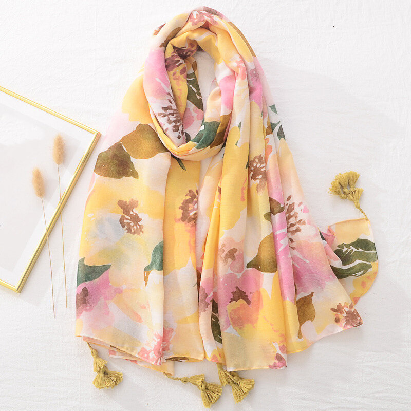 Модный шарф из вискозы с кисточками и цветами, Женская Роскошная шаль, высококачественные мусульманские женские хиджабы, шарфы, хлопковый женский шарф, желтый