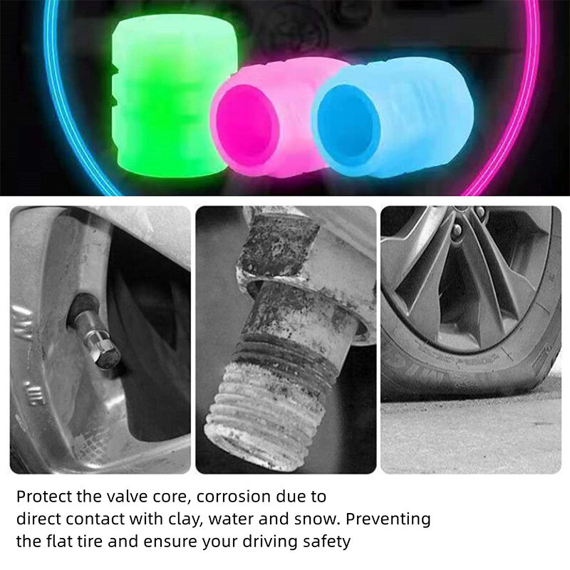 Tapas de válvula luminosas para coche, accesorio fluorescente, verde, azul, brillante, decoración de 4 piezas
