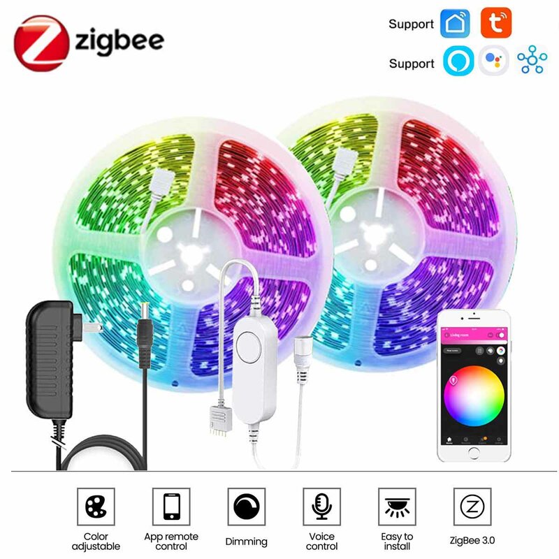 Zigbee-Bande lumineuse LED RVB intelligente, télécommande sans fil, prise en charge de Tuya Smartthings, Zigbee2mqtt Echo Google Home, DC 12V