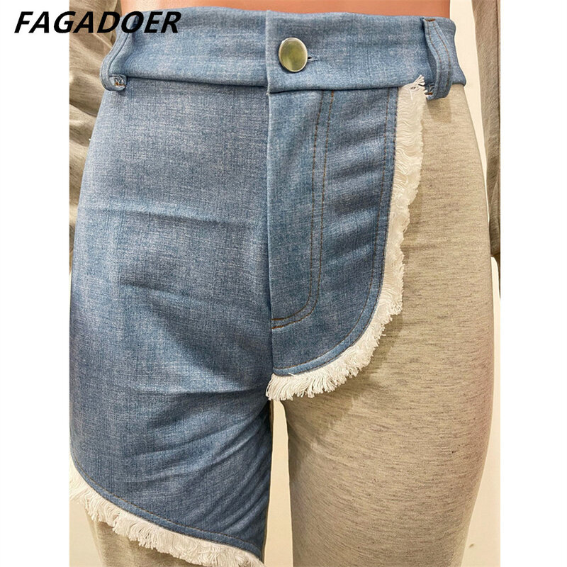 FAGADOER Fall Winter Casual Hoody Two Piece Sets Women Outfits Fashion Denim Splicing Long Sleeve Pullover And Pants Tracksuits
