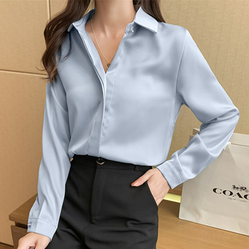 여성용 새틴 긴팔 셔츠, 실크 화이트 셔츠, OL 단색 블라우스, 풀오버 상의, 2023 가을