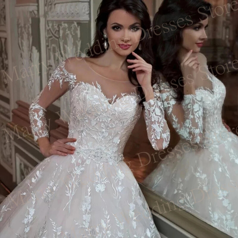 Pretty Generous Long Sleeve Wedding Dresses A Line Lace Appliques Beads Bride Gowns Sequins Princess Tulle Illusion Sweep Train