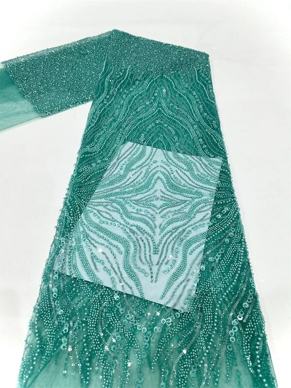 Green African Sequins Beaded Lace Fabric 2024 High Quality Lace 5 Yards French Lace Fabric Nigerian Lace Fabrics For Wedding