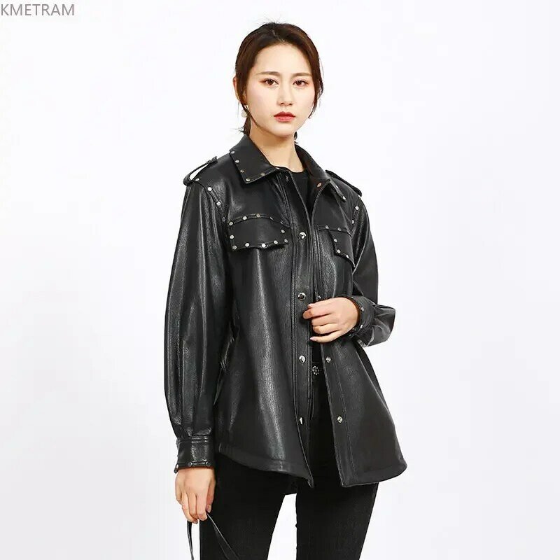 High Quality Womens Leather Jacket Genuine Sheepskin Leather Jackets Woman Mid-length Real Leather Coat Lace-up Casaco Feminino
