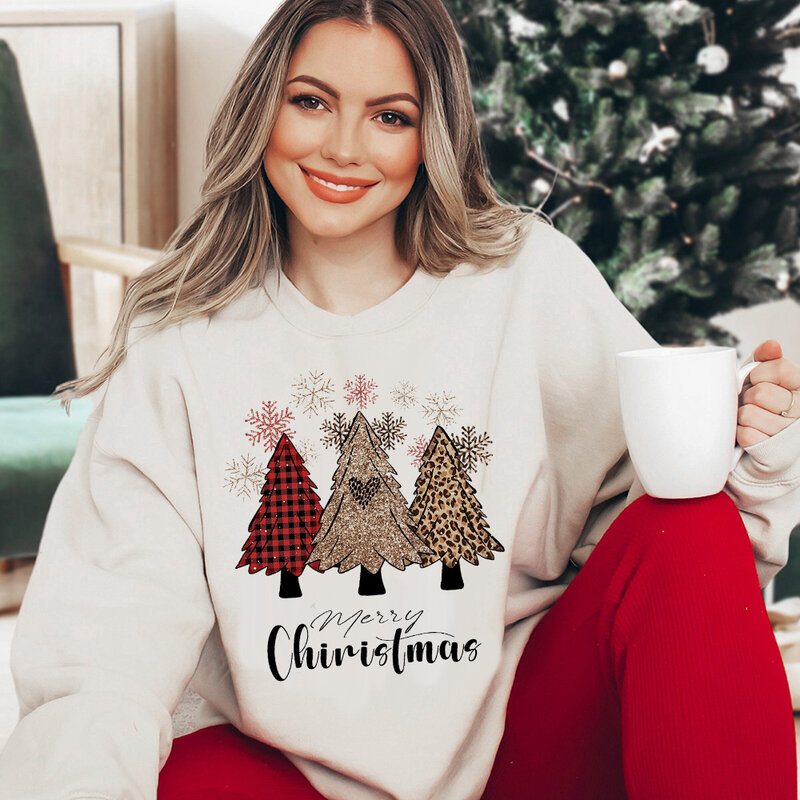 Merry Christmas Tree Print Women Sweatshirt Funny Xmas Party Outfit Streetwear Retro Hoodie Tops Girls Winter Holiday Pullover