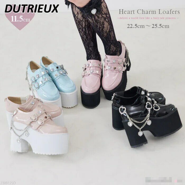 Zapatos de tacón alto con plataforma y cadena de amor de diamantes de imitación para mujer, estilo Lolita japonés, zapatos Kawaii que combinan con todo