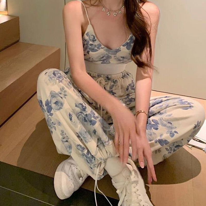 2024 Women 2 Pc Floral V-Neck Spaghetti Strap Camisole and Drawstring Elastic Waist Pants 2 Pieces Pant Sets Summer Clothes