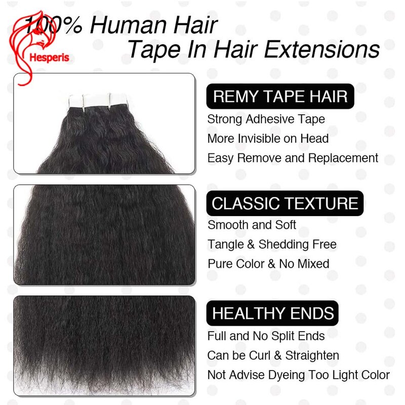 Hesperis Kinky Straight Tape In Extensions Human Hair for Black Women 40pcs Kinky Straight Tape Ins 100G Natural Black