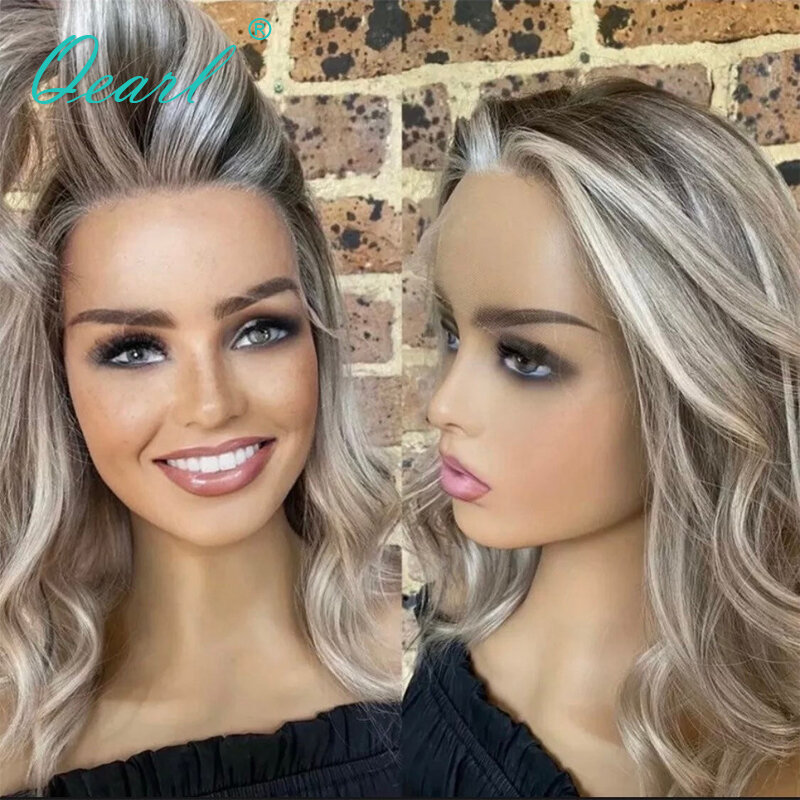 New Lace Front Human Hair Wig Ash Blonde Light Grey Highlights Lace Frontal Wigs 13x4 Free Ship Brazilian Wave Virgin Hair Qearl
