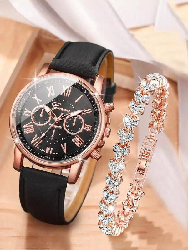 Relógio Quartz de couro PU para mulheres, 1 pulseira de amor elegante e moderno, adequado para decoração diária
